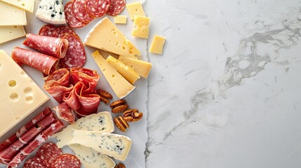 Assorted cheeses and cured meats on a marble background. Flat lay composition with place for text. Gourmet food and charcuterie concept for design and print
