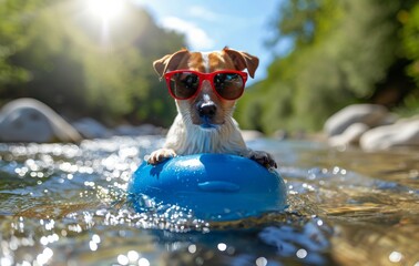 Small Dog Wearing Sunglasses Sitting on Blue Frisbee
