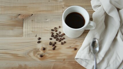 Cup of black coffee with coffee beans scattered on a wooden table. High angle view with white linen napkin. Morning coffee concept. Design for café menu, poster, and beverage marketing - Powered by Adobe