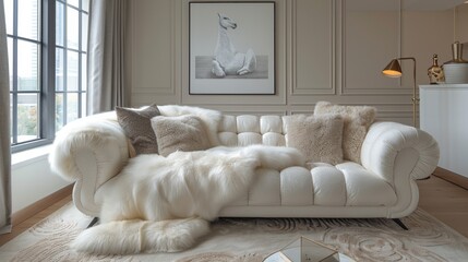 Add warmth to your modern living room with a plush faux fur throw blanket draped over the sofa and a