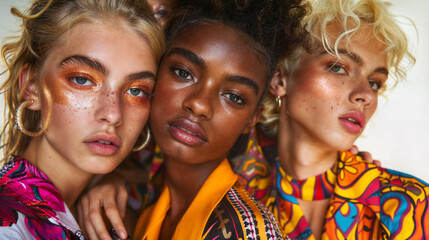 Group of stylish female models posing for edgy and modern fashion editorial. Conceptual photo in vivid colors. Haute couture contemporary trends