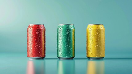 aluminum soda can mockup in red green yellow and blue with water droplets isolated