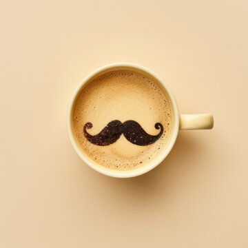 Cup of coffee with mustache pattern on beige background