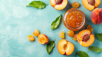 Jar of sweet peach jam and fresh fruit on light blue b