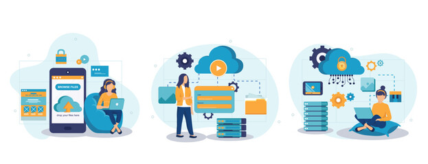 Cloud computing isolated set in flat design. People upload files, storage and processing data collection of scenes. Vector illustration for blogging, website, mobile app, promotional materials.