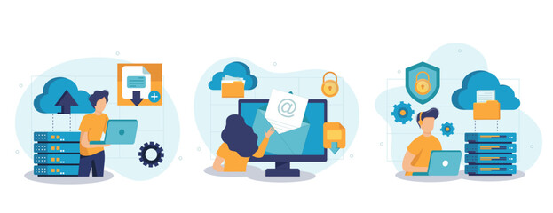 Cloud computing isolated set. Secure connection, storage and cloud technology. People collection of scenes in flat design. Vector illustration for blogging, website, mobile app, promotional materials.