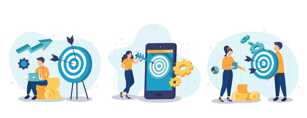 Business target isolated set in flat design. People achievement goals, develop success strategy collection of scenes. Vector illustration for blogging, website, mobile app, promotional materials