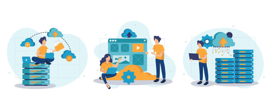 Cloud computing collection of scenes isolated. People upload files, storage at server and processing, set in flat design. Vector illustration for blogging, website, mobile app, promotional materials.