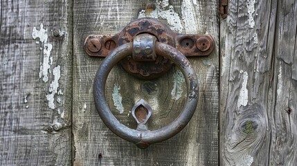 antique wrought iron door knocker on weathered wooden entry rustic photography