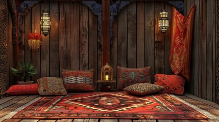 arabian textile lifestyle cozy pillows carpets lanterns wooden walls digital illustration