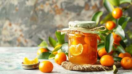 Jar of tasty kumquat jam and fresh fruits on light background