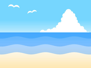 グラデーション空と海とカモメと入道雲背景B：青