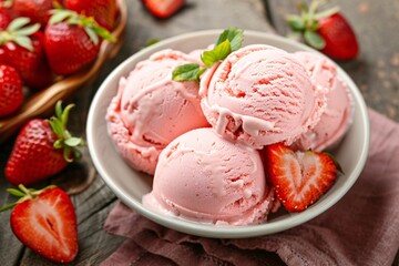 Immerse yourself in the vibrant hues of strawberry ice cream, its sweet aroma and creamy texture enticing