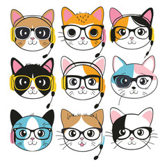 Nine cute cartoon cats wearing colorful headsets, cartoon cat displays unique colors patterns. Cats illustrating customer service, call center, tech support concept