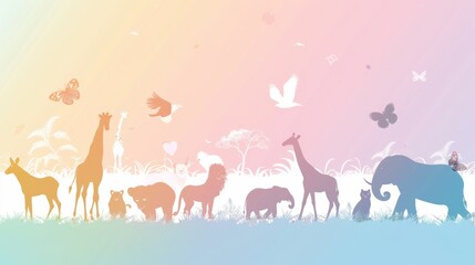 A colorful poster of animals in a field with a rainbow background