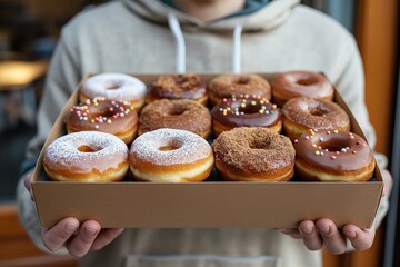 close up , hand holding a box of donuts