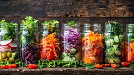 assorted homemade salads in glass preserving jars healthy eating colorful vegetables food photography