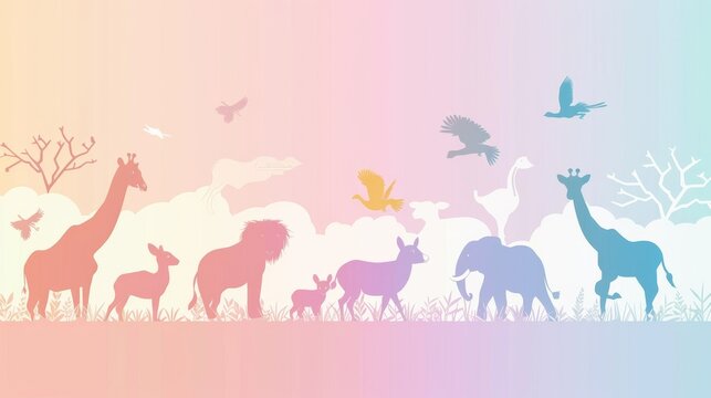 A colorful poster of animals in a field with a rainbow background