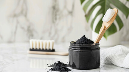 Jar with activated charcoal tooth powder bamboo sticks