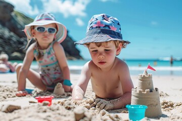 Cheerful scene of children building sandcastles on the beach