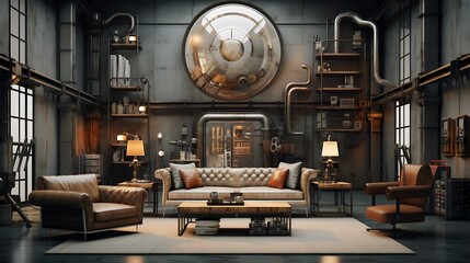 Form a retro-futuristic steampunk living room with vintage tech and industrial design elements