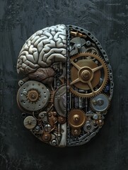 Human Brain and Mechanical Parts Interaction, Minimal Style, High Detail Contrast