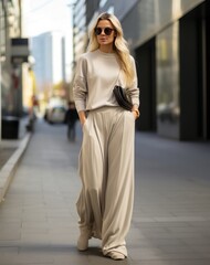 Woman in Beige Sweater and Wide Legged Pants