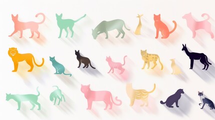 A collection of cats and dogs in various colors and sizes