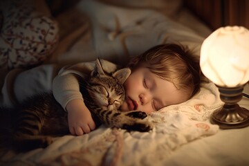 An intimate shot capturing the sweet slumber of a sleeping infant snuggled with a dozing kitten, bathed in the gentle glow of a bedside lamp, radiating warmth and happiness