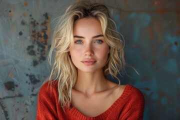 Fototapeta premium A young woman in a reddish sweater with tousled blonde hair and bright blue eyes, in front of a rustic backdrop