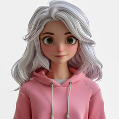 3D Portrait of a cartoon girl with white hair.