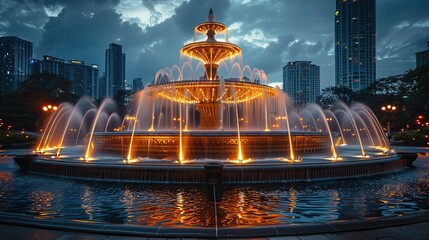 fountain in the night with cloudy sky