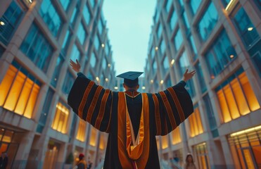 Man in Graduation Gown Outside Building