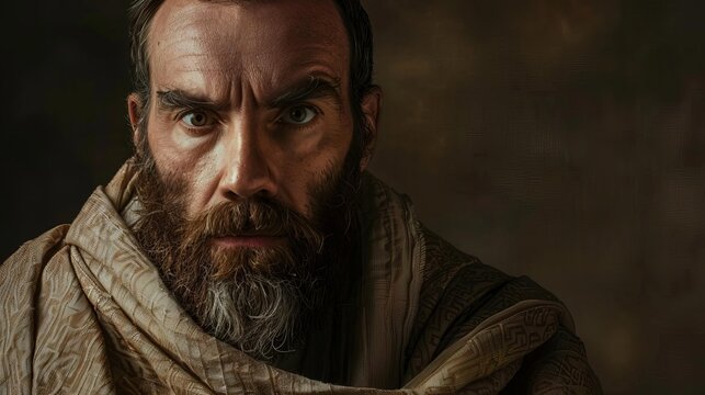 biblical character portrait of serious bearded man in shawl looking at camera digital painting