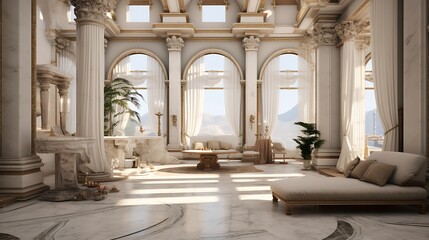 Fototapeta premium Form an ancient Roman-inspired living room with marble accents and classical architecture