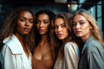 Fototapeta premium Several women are standing next to each other in a group, displaying unity and togetherness.