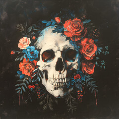 The skull is decorated with flowers. The background is black