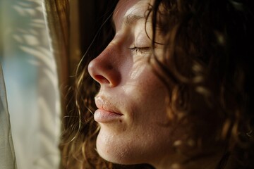 An intimate close-up image of a woman's face as she enjoys a moment of quiet reflection by a window, with soft morning light gently illuminating her features