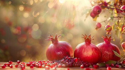 Three ripe red pomegranates with seeds on table and pomegranate field background.