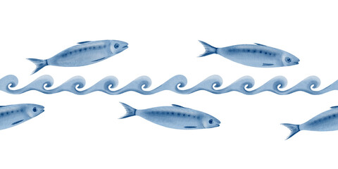 A sardine fish swims through the waves. Stylized watercolor illustration as a seamless border.Isolated on a white background.for printing, stickers, borders, for tapes, websites, ceramic tiles.