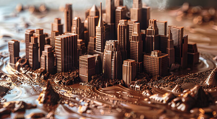A chocolate city with skyscrapers.