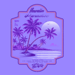 Hawaiian Paradise retro vintage summer vector graphic, its a women, girl shirt beach print design, night mood with moon and waves in this artwork, use this print for t-shirt, sweatshirt, 