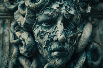 Fototapeta premium An eerie depiction of Medusa's lethal stare, freezing her victim in mid-motion as they turn to stone under her spell