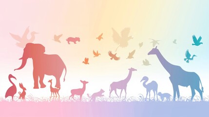 A colorful poster of animals in a field with birds flying in the background