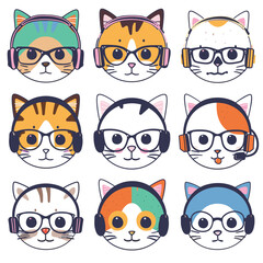 Nine cute cartoon cats wearing colorful headphones glasses, cat displays unique markings headphone styles, creating diverse set feline characters. Fun cat avatars music gaming themes, designed