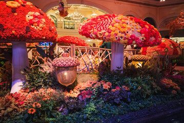 Vibrant indoor garden with oversized mushroom structures, colorful flowers, wooden fence, and acorn...