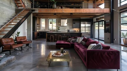 Spacious living room with industrial minimalist style, polished cement floors, a maroon sofa, and a brass coffee table Exposed steel beams emphasize the theme