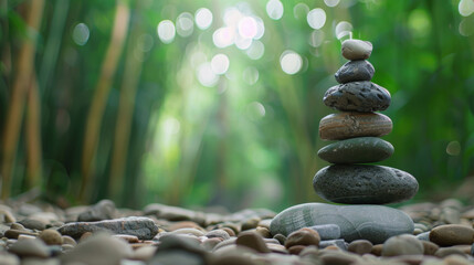 Obraz premium Zen stones perfectly balanced, set against the soothing backdrop of a bamboo grove. Wellness Month concept, balance, peace, and meditation.