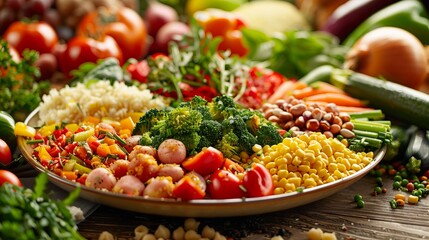 Selection of healthy food, fruits, vegetables and meat food