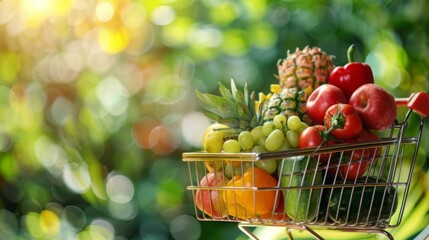 Naklejka premium Isolated Shopping Cart with healthy food on the green background